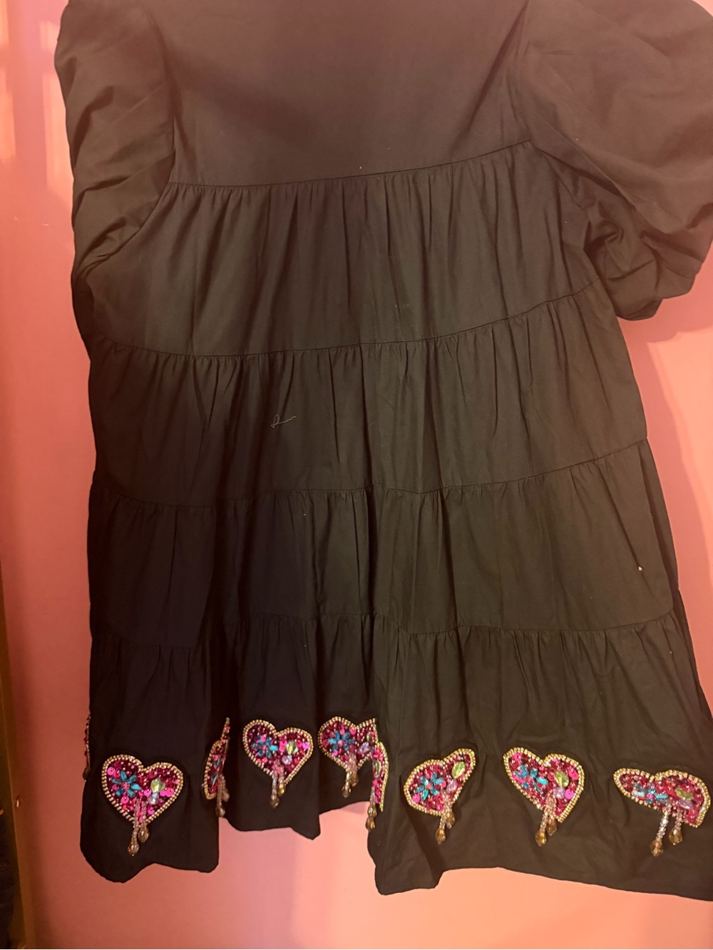 QOS Black Tiered Button-Up Dress with Sequin Heart Embroidery - Picture 3 of 3